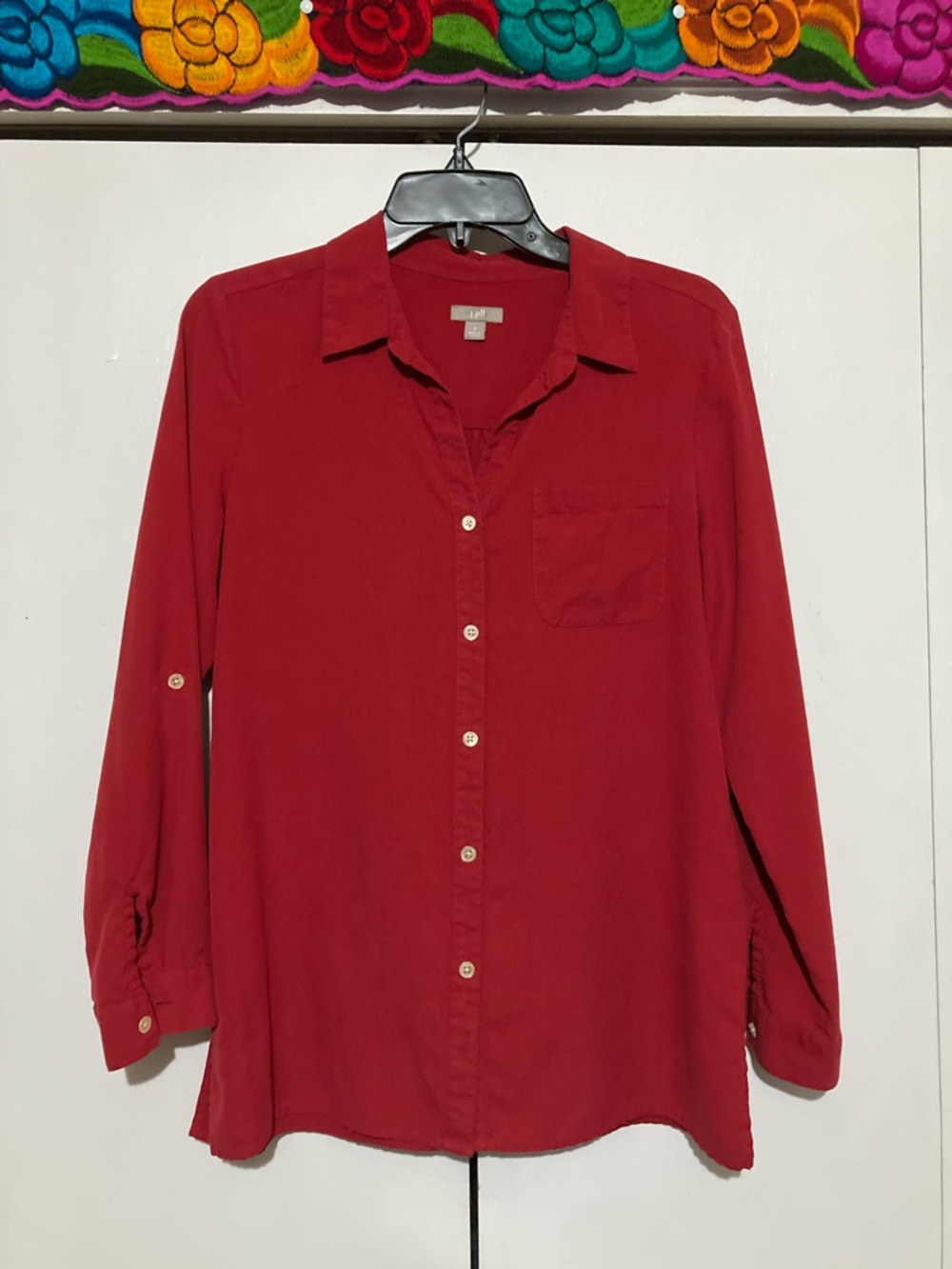J. Jill Small 100% Silk Red Roll Tab Long-Sleeve Button-Down Shirt Closet Staple